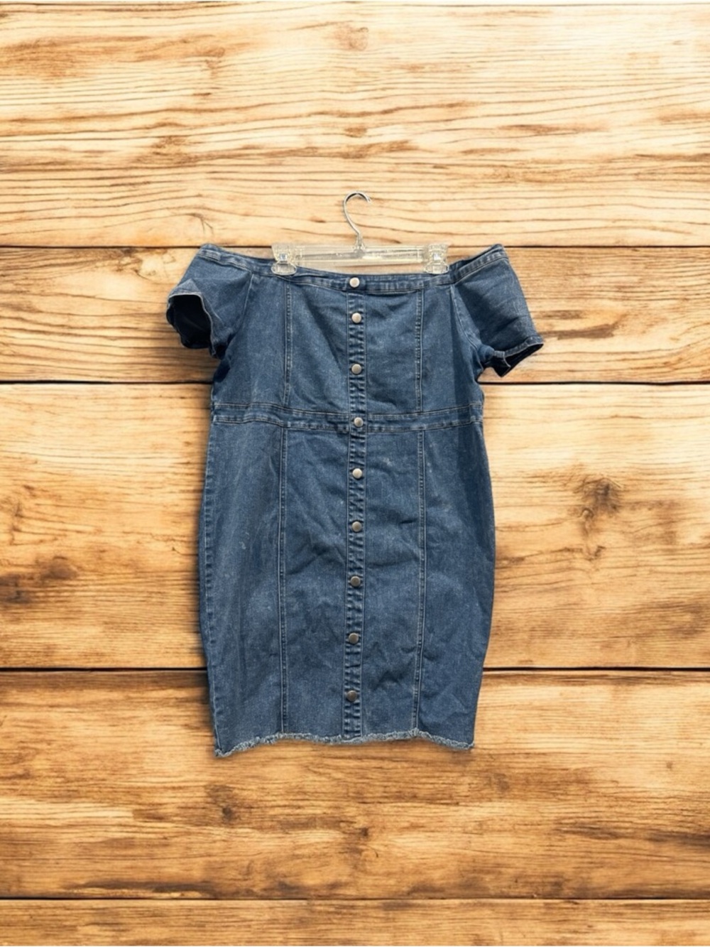 Off-Shoulder Denim Midi Dress in Blue